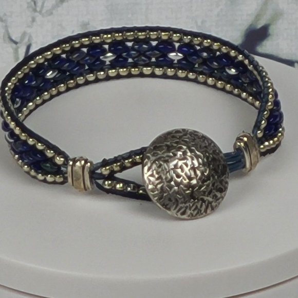 Blue & Silver Bead & Leather Bracelet - Picture 1 of 6